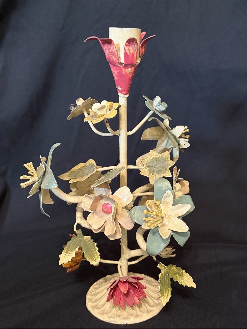 Vintage hand-painted metal floral tole-style candleholder/candelabra